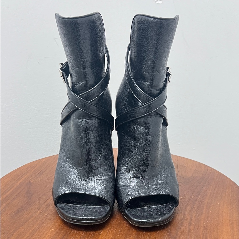 Saint Laurent Black Leather Heeled Bootie Open Toe
